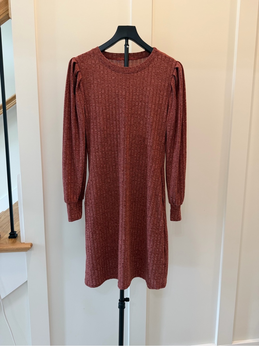 Long-Sleeve Ribbed Midi Dress in Rust #394